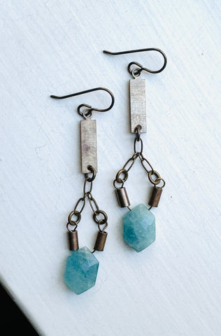 Dark Brass Aquamarine Earrings